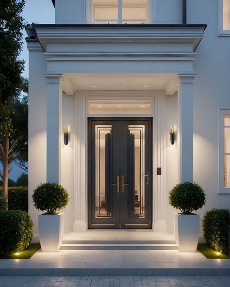 Working on a proposal for a Surrey Home. A glimpse of formal front porch , blending classical elegance with a modern twist. Would you like to enter your future home? #FrontPorch #SurreyHomes #ClassicalDesign #ModernTwist #HomeInspiration #LuxuryLiving #ArchitecturalDesign #DreamHome #ElegantEntrance #HomeDesign #ExteriorDesign #BespokeHomes #FutureHome #DesignExcellence Classic Modern House, Luxury Houses Entrance, Dream Villa, Corporate Interior Design, Classical House, French Doors Exterior, Facade Architecture Design, Home Hall Design, Modern Front Door