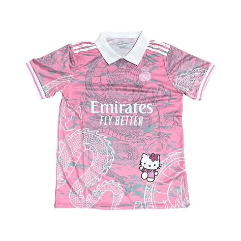 Limited Edition Custom Hello Kitty Real Madrid Jersey #keystreetwearr #hellokitty #hellokittycore #hellokittylover #instafashion #instagram Camisa Real Madrid, Madrid Jersey, Hello Kitty Dress, Pink Jersey, Jersey Tshirt, Summer Graphic Tee, Hello Kitty Items, Short Sleeve Pattern, Custom Hoodies