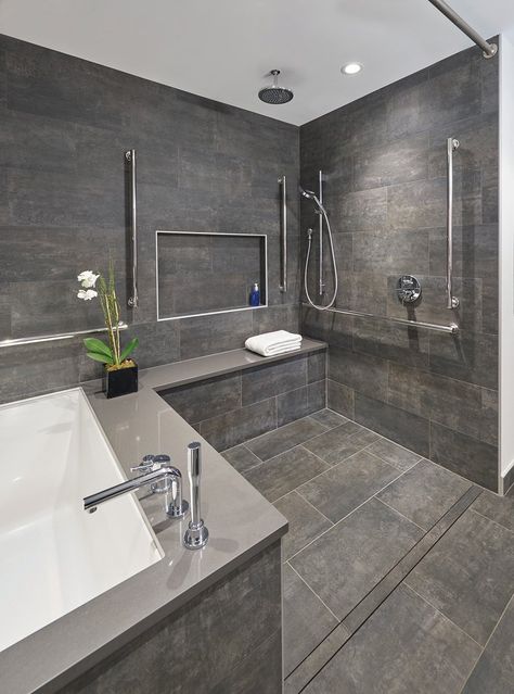 As more homeowners opt to remodel their current homes for accessibility and safety, those concerns are taken into consideration especially for kitchens or bathrooms. These are some tips to help you to utilize Universal Design on your next project Houzz Bathroom, Universal Design Bathroom, Accessible Bathroom Design, Ada Bathroom, Minimalist Bathroom Design, Accessible Bathroom, Powder Room Design, Bathroom Photos, Grey Tiles