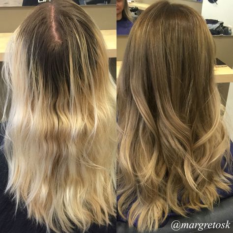 Before and after coloring. From really blonde ends with really dark grown out roots to a light brown/ dark blonde color with balayage Brown Hair Dye Shades, Grown Out Blonde Hair, Light Balayage, Coloring Dark, Tan Skin Blonde Hair, Mom Haircuts, Blonde Ends, Dark Blonde Hair Color, Blonde Hairstyle