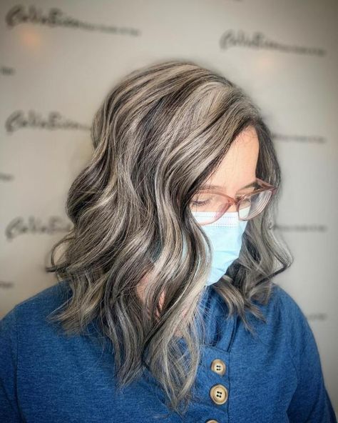 Warm Gray Hair with Lowlights Gray Blending Brunette Hair, Gray Transition, Thick Locks, Grey Brown Hair, Gray Wigs, Pepper Hair, Gray Balayage, Grey Blonde Hair, Salt And Pepper Hair