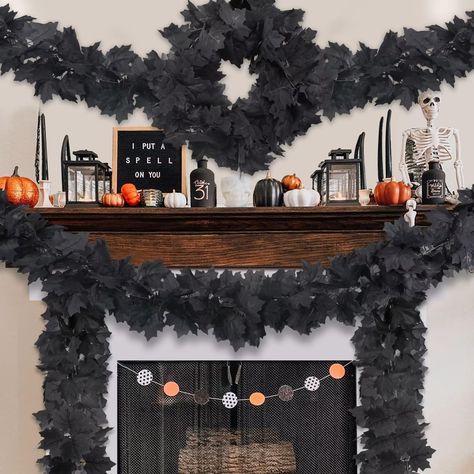 PRICES MAY VARY. Unique Black Halloween Garland Decor: Mystery black fall autumn garland with vivid maple shapes and texture, fall Halloween decorations for home makes a great blend of classic fall element and Halloween festival, meets all your needs of coming fall Halloween home room decor indoor! Valuable 2 Packs Fall Leaves Garland: Denser textured Halloween garland for mantle, 2pcs 5.8ft, 11.6ft in total. Cover your needs of 6ft Halloween mantle decor fireplace garland, 12ft door decor, even Black Garland, Halloween Mantle Decor, Friendsgiving Decorations, Halloween Bedroom Decor, Halloween Window Decorations, Leaves Garland, Garland Halloween, Fall Classroom Decorations, Fall Leaf Garland