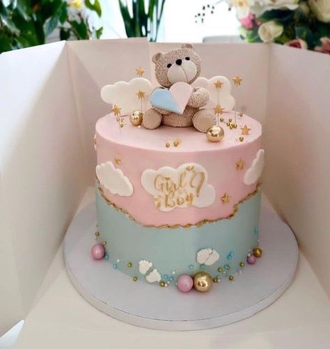 Gender Reveal Cake Teddy Bear, Gender Reveal Ideas For Cake, Gender Reveal Cake Decoration, Baby Gender Cake Ideas, Pink And Blue Baby Shower Cake, Cakes For Gender Reveal, Cute Gender Reveal Cakes, Gender Reveal Bear Cake, Deco Gender Reveal