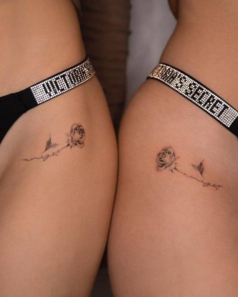 Matching Rose Tattoos Best Friends, Small Matching Hip Tattoos, Matching Roses Tattoo, Matching Tattoos Rose, Best Friend Tattoos Collar Bone, Matching Thigh Tattoos Best Friends, Matching Hip Tattoos Women, Rose Matching Tattoo, Rose Tattoo Matching