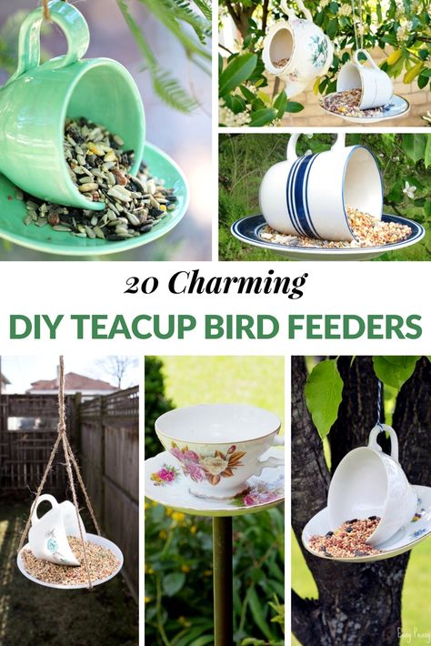 Spring has finally sprung and having a teacup bird feeder in your yard is a great way to attract beautiful winged friends!  The great thing about DIY teacup bird feeders is that they are super easy to make and add some additional beauty to your yard and porch. Teacup Bird Feeders, Teacup Crafts, Homemade Bird Feeders, Tea Cup Bird Feeder, Jardim Diy, Bird Bath Garden, Diy Bird Feeder, Tea Diy, Bird Houses Diy