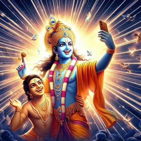 Lord Shri Krishna taking selfie with his Devotee Lord Krishna With Devotee, Krishna And Devotee, Wallpaper Bhagwan, Krishna With Devotee, Lord Saraswati, Lord Shri Krishna, Saraswati Picture, Krishna Devotee, Sacred Feminine Art