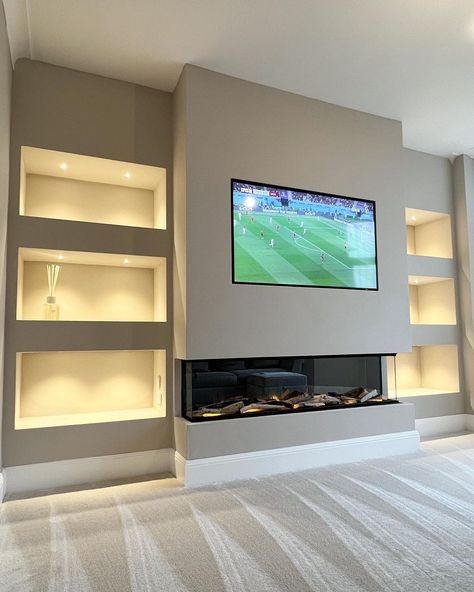 Tv Recessed In Wall, Entertainment Wall With Fireplace, Tv And Fire Wall Ideas, Ruang Tv, Tv Fal, Feature Wall Living Room, Built In Shelves Living Room, Living Room Wall Units, Living Room Decor Fireplace