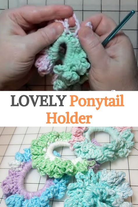 Crocheted Ponytail Holders, Crochet Ponytail Holder Free Pattern, Crochet Ponytail Holders, Ponytail Holders Diy, Simple Crochet Stitches, Knit Gifts, Crochet Ponytail, Crocheted Hair, Easy Ponytail