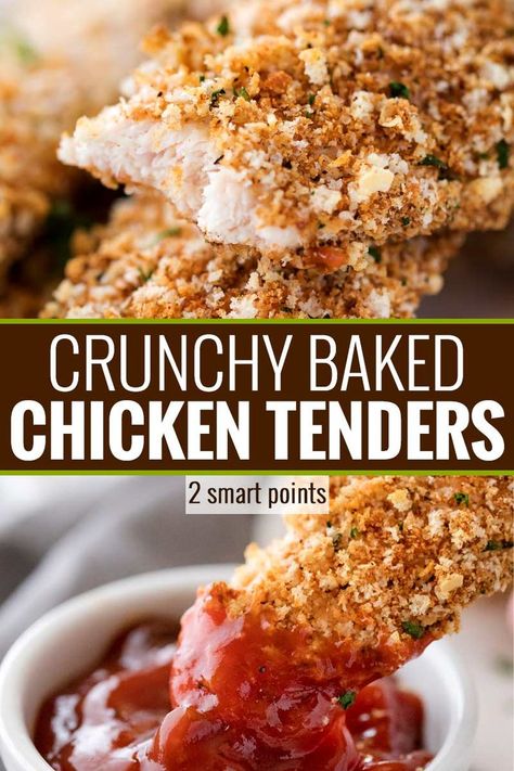 Irresistibly crunchy on the outside and juicy on the inside, these baked chicken tenders are just 2 weight watchers smart points! | #weightwatchers #freestyle #smartpoints #chickentenders #baked Crunchy Baked Chicken, Oven Baked Chicken Tenders, Baked Chicken Tenders, Weight Watchers Chicken, Recipes Oven, Weight Watchers Smart Points, Weight Watcher Dinners, Weight Watchers Chicken Recipes, Chicken Tender Recipes