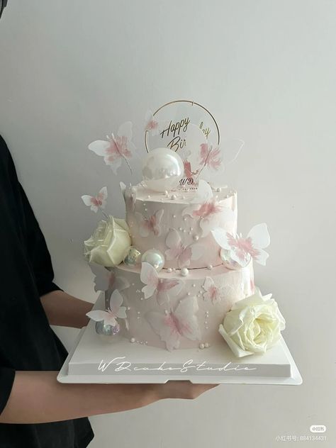 Two Layer Butterfly Cake, Cake For Debut, Elegant 18th Birthday Cake, Rose Birthday Cakes, Debut Cake 18th Elegant, Two Layer Cake Designs, Debut Cake 18th, Sweet 17 Birthday Cake, Birthday Cake Butterfly