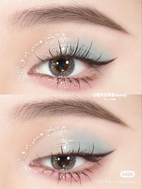 Eye Makeup Light Blue, Blue Korean Makeup, Nail Korean Style Blue, Cute Blue Makeup, I’m Cold Makeup, Blue Eye Makeup Looks, Pastel Eyeshadow Looks, Light Blue Makeup, Korean Style Makeup