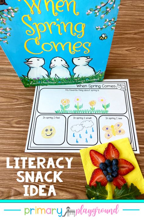 Literacy Snack Spring Read-Aloud - Primary Playground Spring Reading Activities, Spring Read Alouds, Spring Literacy Activities, Spring Writing Activity, Spring Kindergarten Activities, Nursery Ryhmes, Spring Classroom Activities, April Preschool, Spring Lesson Plans