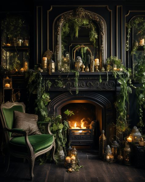 Black Green Furniture, Green Victorian House Interior, Green And Black Fireplace, Slytherin Aesthetic Living Room, Moody Fireplace Room, Dark Victorian Aesthetic Living Room, Dark Green Victorian Bedroom, Gothic Fireplace Decor, Bohemian Gothic Decor Living Room