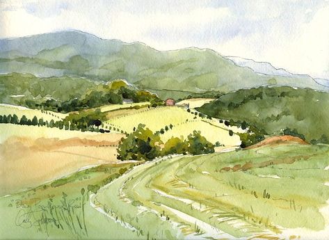 Shenandoah Painting, 데이비드 호크니, Watercolor Scenery, Watercolor Art Landscape, Watercolor Paintings For Beginners, Watercolor Sketchbook, Watercolor Painting Techniques, Country Side, Watercolor Landscape Paintings