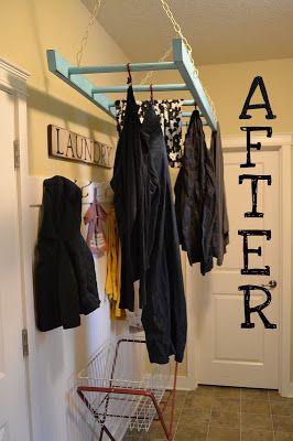 Reuse- Ladder into a Laundry Rack Idea | Remodelaholic Hanging Laundry Bag, Old Wooden Ladders, Hanging Ladder, Diy Clothes Rack, Old Ladder, Laundry Rack, Clothes Hanging, Drying Rack Laundry, Diy Clothes Videos