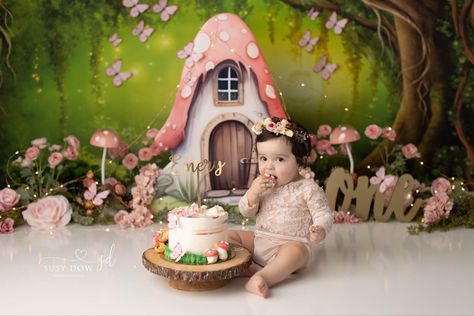 Enchanted garden cake smash session Cake Smash Fairy Theme, Garden Cake Smash, Enchanted Garden Cake, Fair Garden, Fairy Garden Cake, Fairytale Land, 1 Year Baby, Garden Cake, 1st Birthday Pictures