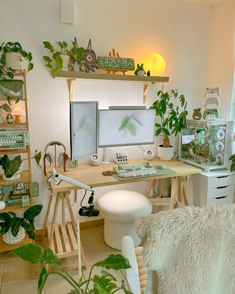 Practicing color grading on my photos 🤍🌿 #desksetup #cozygamer #plants #gamingdesk #greenaesthetic #cozydesksetup #keyboards Room Inspiration Green Aesthetic, Study House Ideas, Work From Home Office Colors, Green Desk Astethic, Desk Inspo Aesthetic Cozy, Green Set Up Gaming, Cute Desk Space, Neutral Pc Setup, Green And White Pc Setup