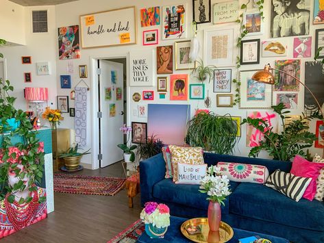 INTERIOR TRENDS 2024 | What is cluttercore style trend Gallery Wall Studio Apartment, Blue Couch Maximalism, Apartment Blue Couch, Mismatched Decor, Funky Gallery Wall, Ecclectic Decor, Apartment Colorful, Funky Apartment, Funky Artwork