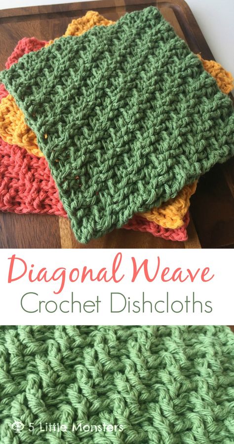 5 Little Monsters: Diagonal Weave Crochet Dishcloths Crochet Kitchen Set Free Pattern, Free Dishcloth Patterns, Free Crochet Patterns For Kitchen, Crochet Dish Cloth Free Pattern, Crochet Washcloths, Crochet Washcloth Pattern, Dishcloth Crochet Pattern, Washcloth Pattern, Quilled Creations