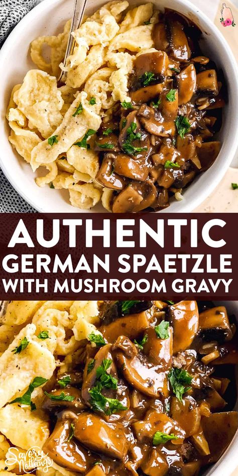 German Meals Authentic, German Egg Noodles, German New Years Food, Peasant Food Recipes, 5 Star Recipes Dinners, German Mushroom Gravy, German Stuffing, Kluski Noodle Recipes, German Dumplings Recipe