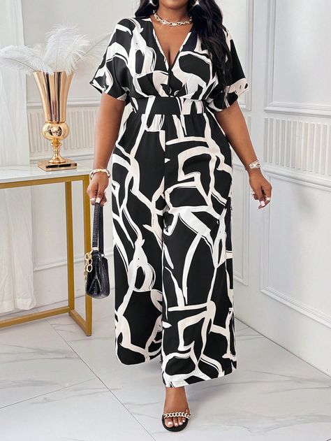 Plus Size Women's Elegant Asymmetrical Pattern Wide-Leg Jumpsuit Multicolor Casual  Short Sleeve Woven Fabric Geometric,Tribal,All Over Print Other Non-Stretch  Women Plus Clothing, size features are:Bust: ,Length: ,Sleeve Length: Jumpsuits For Women Plus Size, Asymmetrical Pattern, Plus Size Jumpsuit, Women Plus Size, Wide Leg Jumpsuit, Kids Beachwear, Maternity Bag, Plus Clothing, Colorful Leggings