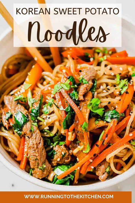 Make Korean sweet potato glass noodles in 15 mins! Naturally gluten-free noodles combine with colorful veggies and beef in a sweet-savory sauce for a quick, flavorful meal. Sweet Potato Glass Noodles Recipe, Sweet Potato Glass Noodles, Potato Glass Noodles, Korean Sweet Potato Noodles, Glass Noodles Recipe, Korean Sweet Potato, Potato Noodles, Pasta Noodle Recipe, Beef Strips