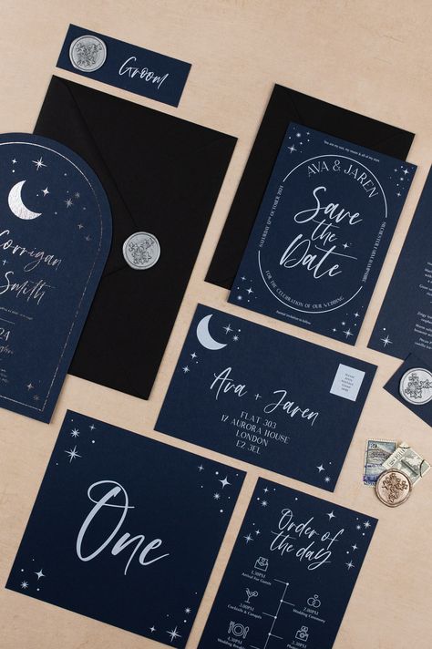 Illuminate your love with our modern celestial wedding invitations. The Navy Blue Celestial Luna Collection combines elegance with a touch of the cosmos. These invites are designed to mesmerise guests with a motif of moons and stars on a breathtaking navy blue backdrop, encapsulating the enchantment of your special day. Experience the magic and find out more about the Luna wedding stationery collection. Wedding Invitation Navy Blue, Celestial Wedding Invitations, Starry Night Wedding, Navy Blue Wedding Invitations, Navy Wedding Invitations, Celestial Wedding, Wedding Invitation Samples, Foil Wedding Invitations, Etsy Wedding Invitations