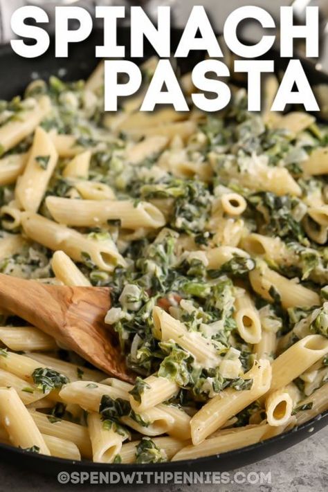 This easy Spinach Pasta recipe is ready in no time for a quick and easy meal. Healthy spinach in a cream cheese sauce with parmesan makes for a tasty dinner that's easy enough to cook any day of the week! For a meatless main dish, serve as is, or stretch this dish even further by adding chicken or shrimp to the mix. Everyone loves this tasty entree or side dish, and it's so easy to cook. #spendwithpennies #spinachpasta #maindish #recipe Frozen Spinach Recipes, Spinach Dinner Recipes, Homemade Spinach Pasta, Creamy Spinach Pasta, Easy Spinach Recipes, Spinach Pasta Recipes, Penne Pasta Recipes, Cheese Pasta Recipes, Pasta Sides