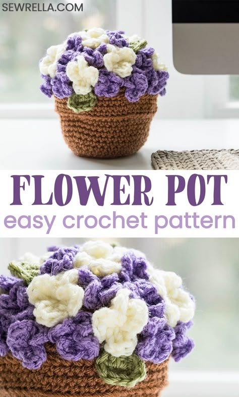 Crocheted Flower Free Pattern, Decorate Flower Pots Diy, Purple Crochet Patterns Free, Stash Buster Crochet Patterns Free, Crochet Flower Centerpiece, Crochet Flower Buds Free Pattern, Easy Crochet Flowers Free Pattern Simple, Crochet Hanging Flower Pot, Crochet Flower Wreath Pattern Free