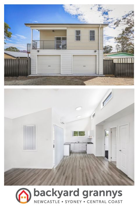 This 2 story granny flat design is built to receive the maximum return on investment. It has a dual car garage on the bottom and a 2 bedroom granny flat on top. The granny flat floorplan features a kitchen with open plan dining and living room.   #twostoreygrannyflat #twostorey #2storygrannyflat #grannyflats #grannyflat #designergrannyflat #grannyflatdesign #grannyflatfloorplan #twobedroomgrannyflat #centralcoastgrannyflat #grannyflatinspiration #architecturallydesigned 2 Story Granny Flat, Granny Flat Above Garage, Garage On Bottom House On Top, Carriage House Plans Garage Apartments, Garage Granny Flat, 2 Bedroom Granny Flat, Adu Garage, Kitchen Open Plan, Granny Flat Plans