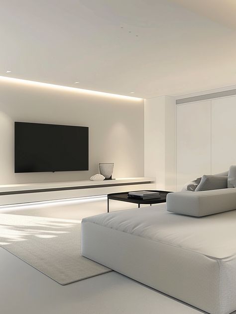 White Minimalist Apartment, Simple Tv Wall Ideas, Tv Wall Inspiration, Livng Room, Luxury Living Room Inspiration, All White Room, Effect Light, Dorm Room Inspiration, Smart Home Design