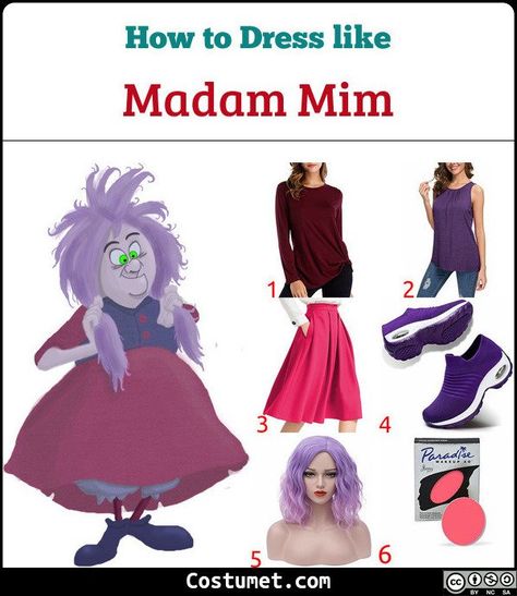 Merlin’s costume is long, light blue robes, a light blue conical hat, and blue shoes. Madam Mim costume a maroon long-sleeved shirt underneath a purple top, a hot pink skirt, and purple shoes.           #Male #Female #male #movies #Disney #cartoon #female #couple #fat #old #whitehair #witch #TheSwordintheStone #wizard #purplehair Diy Disney Villans Costumes, Madam Mim Disneybound, Madam Mim Cosplay, Obscure Disney Costumes, Purple Costume Ideas Halloween, Costumes With Purple Hair, Mad Madam Mim Costume, Madame Mim Costume, Purple Hair Costume