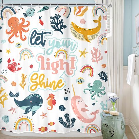 PRICES MAY VARY. ♥POLYESTER FABRIC: Our shower curtains are made of expertly chosen waterproof polyester fabric ,which are very soft and drape. ♥UNIQUE DESIGN: The kids ocean quotes combination of colorful make LGhtyro Shower Curtain the perfect piece for your master bathroom or your guest bathroom. The shower curtain will turn any bathroom in your home into a spa like experience. ♥WHAT'S INCLUDED: Each package provides one 60” Width x 71” Length polyester shower curtain and 12 pack hooks. Ideal Boy And Girl Shared Bathroom, Sea Theme Bathroom, Kid Bathroom Decor, Rainbow Cartoon, Power Room, Ocean Kids, Modern Shower Curtains, Ocean Quotes, Shower Curtain Bathroom