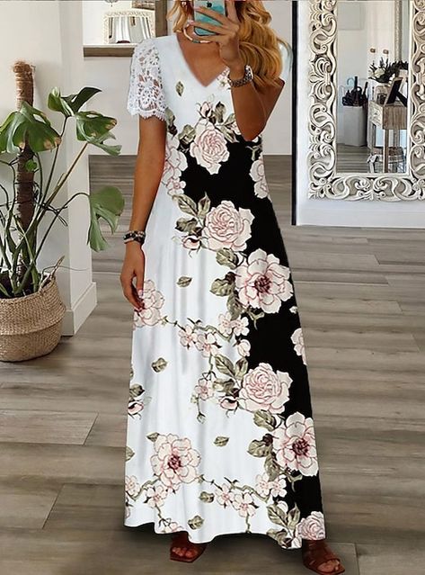 Womens Long Dresses, Short Sleeve Maxi Dresses, Floral Print Maxi Dress, Floral Fashion, Summer Party Dress, Print Dresses, Tonga, Vestido Casual, Maxi Dresses Casual