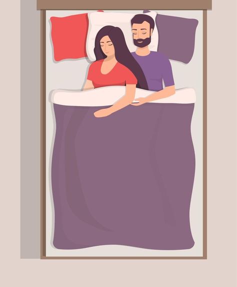 Man and woman sleeping in bed. Loving couple sleeps at night. Lovers sleep in an embrace. Flat vector illustration. Woman Sleeping In Bed, Bed Top View, Sleep Cartoon, Bed Vector, Woman Sleeping, Couple Sleeping, Girl Sleeping, Silhouette Illustration, Sleeping In Bed