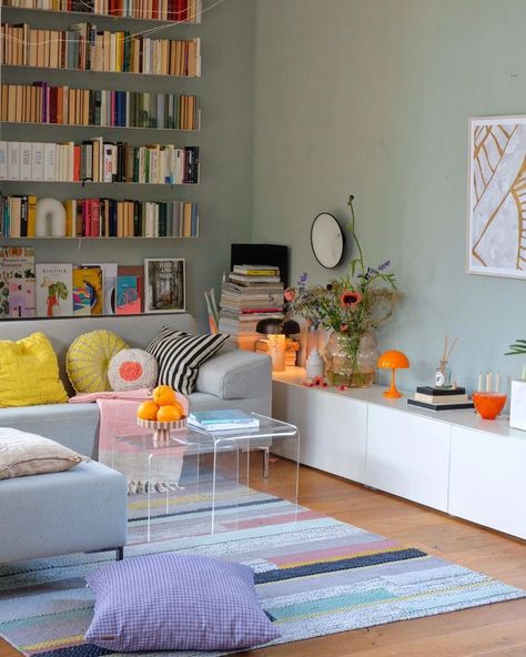 Contemporary Colourful Living Room, Nordic Living Room Colorful, Scandi House Interior, Scandinavian With Pops Of Color, Bright Colorful Interiors, Bright Colour Living Room Decor, Colorful Scandinavian Interior, Copenhagen Interior Design, Living Room Colourful