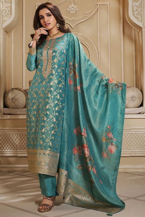 Nidhi Shah Turquoise Tissue Jacquard Kurta Suit Set Nidhi Shah, Patiala Salwar Kameez, Jacquard Suit, Lehenga Style Saree, Readymade Salwar Kameez, Cotton Salwar Kameez, Crepe Saree, Indian Salwar Kameez, Lehenga Style