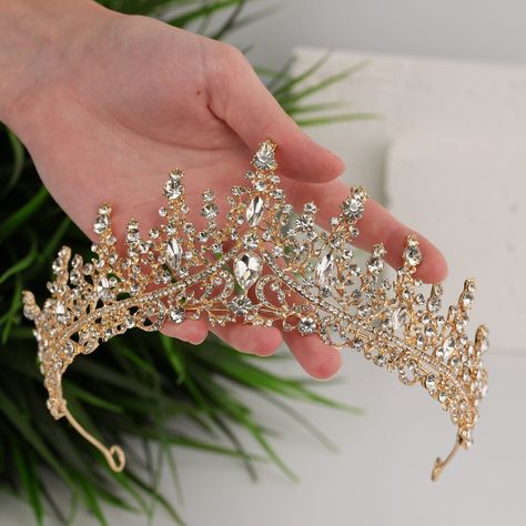 Bridal Tiara Gold Crown Crystal Tiara Princess Hair Piece Gold Wedding Tiara Wedding Crown Crystal Bridal Headband Crystal Headpiece - Etsy Gold Wedding Tiara Veil, Wedding Headpiece Tiara, Wedding Tiara Gold, Wedding Crown Gold, Crown For Wedding Brides, Gold Crown Quinceanera, Quinceañera Crowns, Quinceanera Crowns Gold, White And Gold Crown