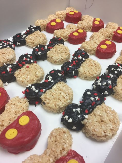 Mickey Mouse rice crispy treats Mickey Mouse Rice Krispie Treats Diy, Mickey Mouse Inspired Food, Mickey Mouse Rice Crispy Treats, Mickey Mouse Drinks, Mickey Rice Krispie Treats, Disneyland Rice Krispy Treats, Mickey Mouse Brownies, Mickey Mouse Theme Desserts, Food For Mickey Mouse Birthday Party