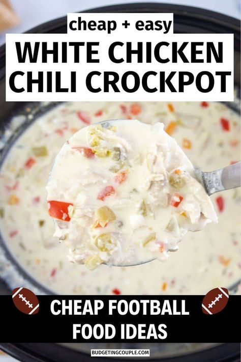 Looking for versatile and affordable meal ideas like this white chicken chili? We've got you covered with quick tailgate food appetizers perfect for any game day. Need potluck ideas easy simple for your next gathering? Check! Enjoy cheap dinners for a family budget or keto friendly meals for the family budget. These budget keto family meals will please everyone's taste buds without breaking the bank! Appetizers Unique, Party Food Entrees, White Chicken Chili Crockpot, Potluck Party Food, Football Party Snacks, Chili Crockpot, White Chicken Chili Slow Cooker, Easy Potluck, Chicken Chili Crockpot