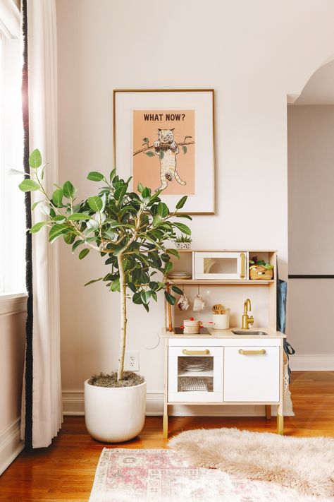 The Completed Family Room + Playroom! - Yellow Brick Home Family Room Playroom Combo, Playroom Yellow, Dining Room Playroom Combo, Minimal Playroom, Whimsical Playroom, Family Room Playroom, Playroom/living Room, Kid Friendly Living Room, Ikea Play Kitchen