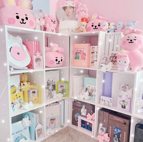 Kpop Rooms, Luxury Room Design, Journal Headers, Kpop Shelf, Bt21 Merch, Army Aesthetic, Apartment Ideas Aesthetic, Bts Room, Army Room Decor