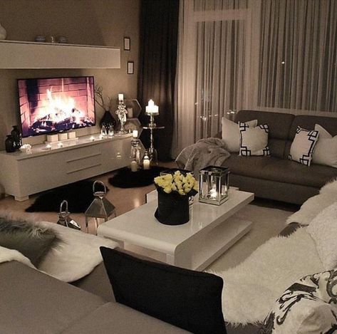 Living Room Goals Fake Fire, Tv Mounted, Black Living, Smart Tiles, Cozy Decor, A Living Room, Apartment Living Room, Furniture Set, Front Room