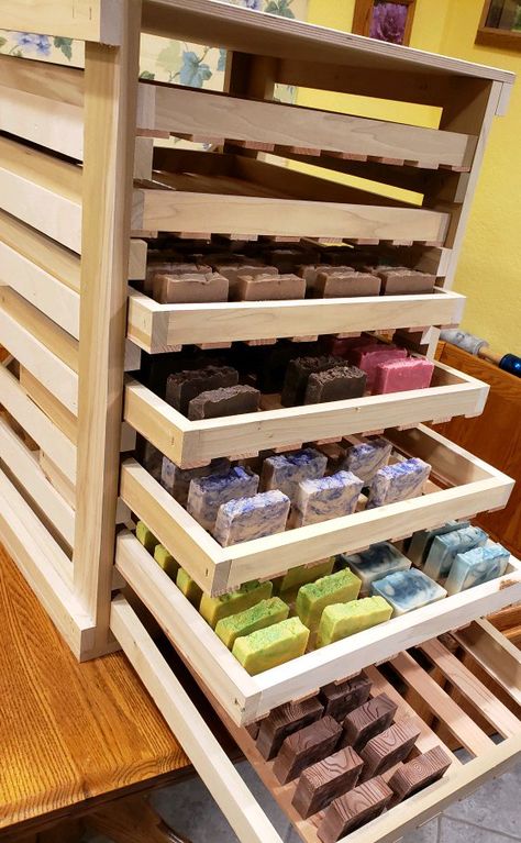 New: Soap Drying Racks | MowryJournal.com Soap Making Station, Cold Process Soap Curing Rack, Soap Making Storage Ideas, Homemade Soap Display Ideas, Soap Room Ideas, Spa Storage Ideas, Soap Making Studio Ideas, Soap Shop Display, Soap Storage Ideas