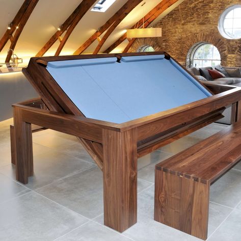 Office With Pool Table, Pool And Dinner Table, Office Pool Table, 3 In 1 Pool Table, Pool Table Dining Table Diy, Pool Table Legs Ideas, How To Make A Pool Table, Homemade Pool Table, Convertible Pool Table