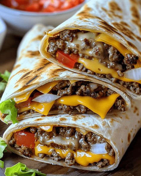 Delicious Cheeseburger Wraps 🍔🌯 If you’re craving a cheeseburger but want something a bit more portable and fun, these Cheeseburger Wraps are the perfect solution! This recipe combines all the ... Read more Crunchy Cheeseburger Wraps, Wrap Burger Recipes, Bacon Cheeseburger Burrito, Bacon Cheeseburger Quesadilla, Cheeseburger Tortilla Wrap, Bacon Cheeseburger Wraps, Cheeseburger Wraps Ground Beef, Hamburger Wraps Tortillas, Burger Wraps Tortilla