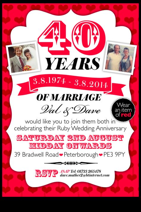 Mum Dad's 40th Wedding Anniversary invite 40th Anniversary Invitation Ideas, Anniversary Invitation Ideas, 40th Anniversary Invitations, Anniversary Invitations Template, 40th Wedding Anniversary Cake, 40th Anniversary Ideas, Anniversary Invite, 40th Anniversary Party, Renewal Ceremony