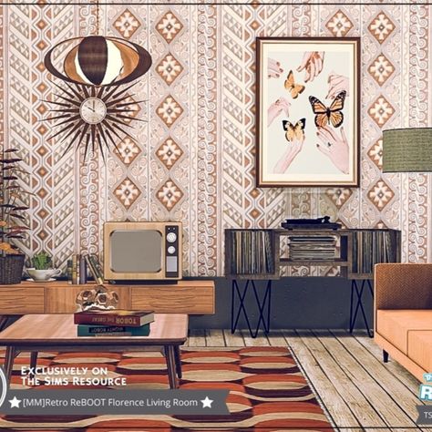 The Sims 4 - Retro ReBOOT Florence Living Room.Custom Content was used. @TheSimsResource @TSR Download at @TheSimsResource #TS4 #livingroom #housescc #house #CC #sims4cc #ccfinds #ts4cc #ts4lots #tsr #TheSims #sims4 #thesims4 #Moniamay72 #thesims4 #architecture #thesims4builds #TSR #retro #design #decoration #livingroomdecor Sims 4 Vintage Furniture, Retro Living Rooms, The Sims4, Custom Content, Sims Resource, The Sims 4, Retro Design, The Sims, Vintage Furniture