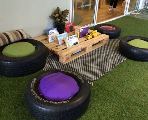 Tyre seats.       Gloucestershire Resource Centre http://www.grcltd.org/scrapstore/ School Outdoor Area, Eyfs Outdoor Area, Z Palette, Preschool Garden, Outdoor Play Space, Outdoor Learning Spaces, Outdoor Play Spaces, Outdoor Nursery, Camping Set Up