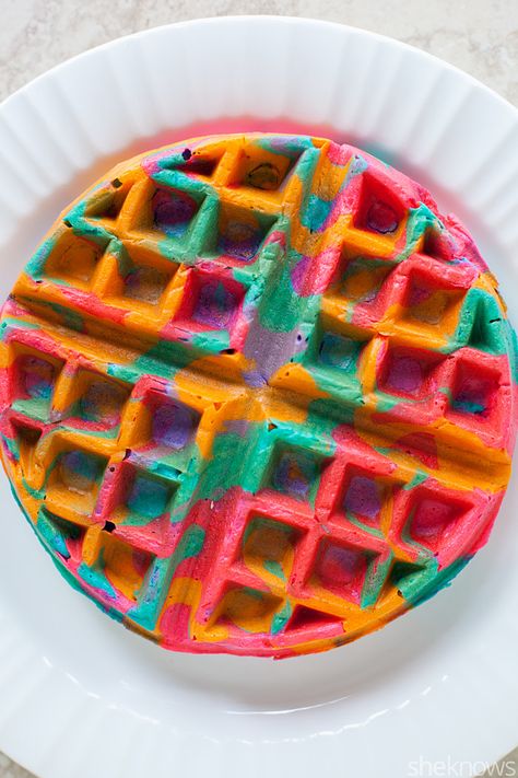 tie-dye-waffles-recipe Pretty Waffles, Colorful Pancakes, Waffle Ideas, Waffles Breakfast, Baking Shop, Rainbow Waffles, Breakfast Recipes Sweet, Waffles Recipe, School Lunch Ideas